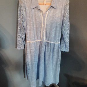 Light Blue Patterned Long Sleeve Mini Dress with Collar and Button-Up from NY Co